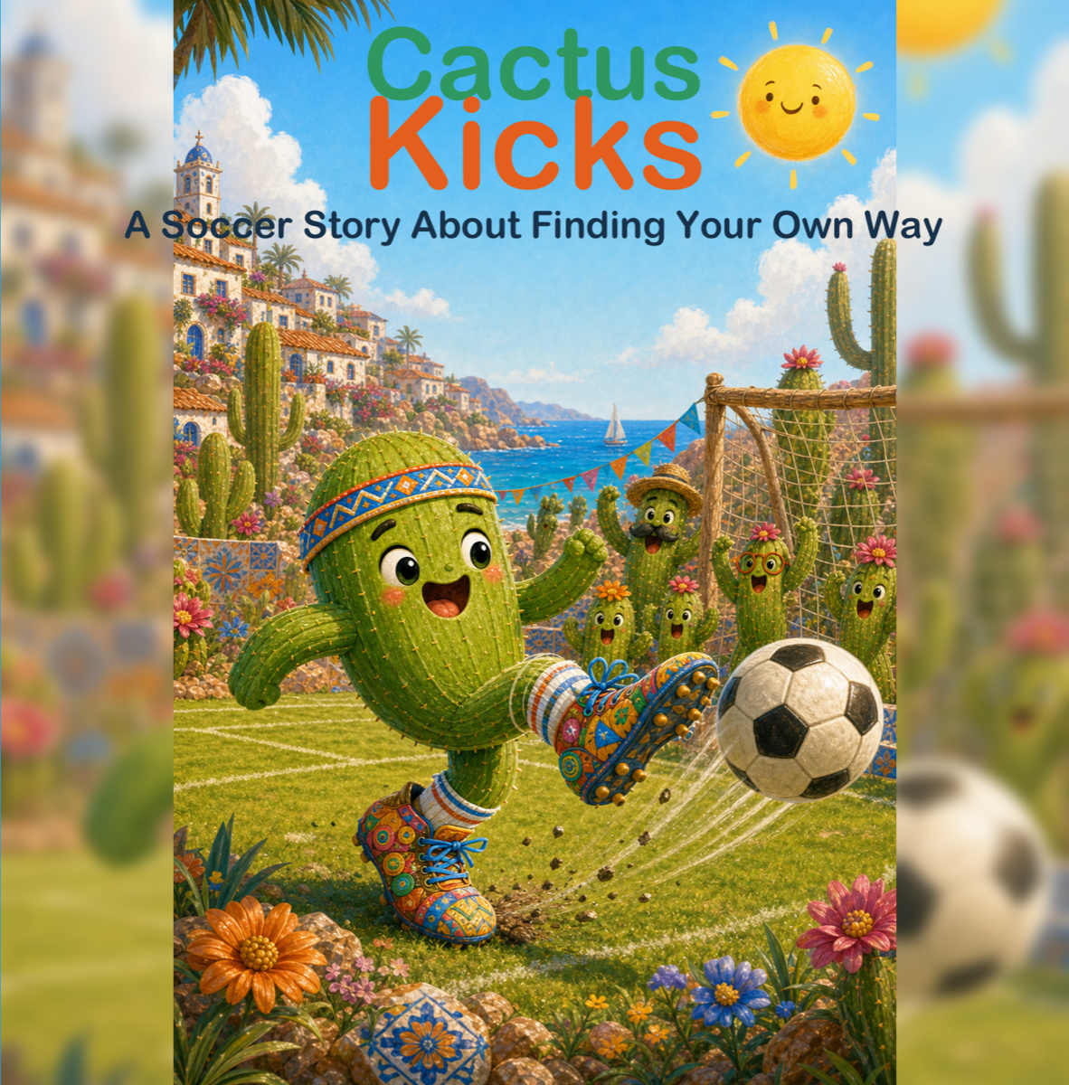 Cactus Kicks book cover showing Leo the cactus kicking a soccer ball near a sunny seaside field.